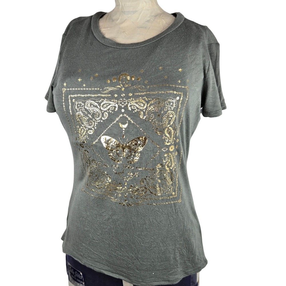 Ragdoll Butterfly Graphic T-Shirt Gold Foil Print Short Sleeve Top Size L Chic